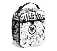 Oudrspo Engagement Party Lunch Bag Insulated Lunch Box Reusable Totes for Women Men Work Picnic Camping,Will You Marry Me Words with Hearts,Portable Lunchbox for Adults,Black and White