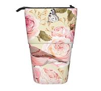 Oudrspo English Roses Birds Standing Pencil Case, Cute Pen Pouch, Telescopic Stationery Pouch Makeup Cosmetics Bag for Women Office