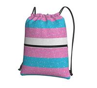 Oudrspo Glitter Transgender Pride Flag Drawstring with Zipper Sackpack Gym Sports, Waterproof Backpack String Bag Cinch