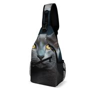 Oudrspo Gray Cat Stares Cartoon Fish Print Sling Bag Crossbody Chest Bag with Pockets, Shoulder Backpack for Hiking, Travel