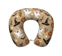 Oudrspo Halloween Pumpkin Bat Cute Travel Neck Pillow with Memory Foam,Ergonomic U Shaped Pillow Soft Plush Cover Neck Support Cushion with Front Clasp for Car Office Rest