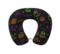 Oudrspo Halloween Pumpkin Bat Cute Travel Neck Pillow with Memory Foam,Ergonomic U Shaped Pillow Soft Plush Cover Neck Support Cushion with Front Clasp for Car Office Rest