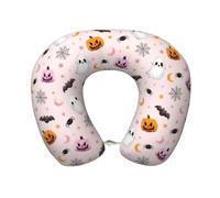 Oudrspo Halloween Pumpkin Bat Cute Travel Neck Pillow with Memory Foam,Ergonomic U Shaped Pillow Soft Plush Cover Neck Support Cushion with Front Clasp for Car Office Rest