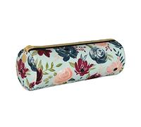Oudrspo Maroon and Navy Flowers Printed Leather Zipper Pencil Pouch, Portable Stationery Bag, Organizer Stationery Case, Unisex