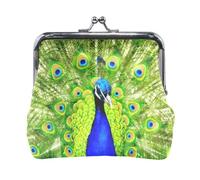 Oudrspo Multi 5 Women Leather Coin Purse, Hasp Card Key Change Wallet Kiss LockClutch Pouch Pocket Ladies Small Buckle Handbag Case Print Peacock with Beautiful Feathers Green Blue Pattern