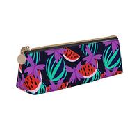 Oudrspo Neon Dragonfly and Watermelon Pencil Pouch Triangle Pen Case Portable Pencil Bag Leather Organizer with Zipper Cosmetic Pouch Bag