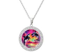 Oudrspo Orca Killer Whale Women's Multicolored Diamond Necklace Round Alloy Pendants Sparkly Jewelry with Chain