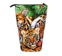 Oudrspo Pencil Case, Cute Standing Pencil Pouch, Retractable Pencil Holder Case, Jungle Tigers Cub Stationery Organizer Bag