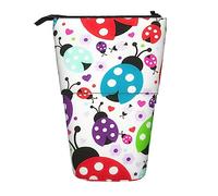 Oudrspo Pencil Case, Cute Standing Pencil Pouch, Retractable Pencil Holder Case, Ladybug Flowers Pattern Stationery Organizer Bag