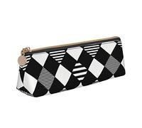 Oudrspo Plaid Black White Pencil Case Cosmetic Bag Pen Pouch Leather Triangle Storage Bag Zippered Stationery Organizer for Adults Office