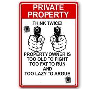 Oudrspo Private Property No Trespassing Metal Signs,Think Twice Handgun Art Military Posters Tin Painting for Home Living Room Bar Pub Cafe Club Garden Courtyard Man Cave Decor 8x12 inch