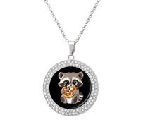 Oudrspo Raccoon Eating Pizza Pendant Necklace for Women Diamond Necklaces Circle