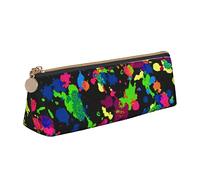 Oudrspo Rainbow of Neon Paint Splatters Pencil Pouch Triangle Pen Case Portable Pencil Bag Leather Organizer with Zipper Cosmetic Pouch Bag