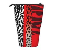 Oudrspo Red Leopard and Zebra Animal Standing Pencil Case, Cute Pen Pouch, Telescopic Stationery Pouch Makeup Cosmetics Bag for Women Office