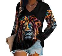 Oudrspo Reggae Lion Women's Long Sleeve Shirts V Neck Tees Casual Loose Tops Trendy Basic Blouse