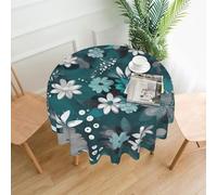 Oudrspo Round Decorative tablecloths -60 in Waterproof Soft for Round Table Dining Table Coffee Table Teal Grey and White Floral Prints