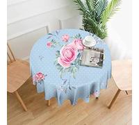 Oudrspo Round Tablecloth 60 Inch Pink Roses,Watercolor Flowers Shabby Chic Blue Washable Polyester Table Cloth Table Cover Decorations for Picnic,Kitchen,Holiday Party