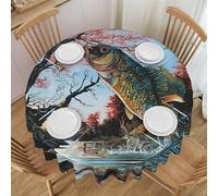 Oudrspo Safflower Flying Fish Print Round Tablecloth - 60 Inch, Water Resistant Washable Polyester Table Cloth for Buffet Table, Holiday Party, Dinner, Wedding