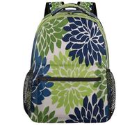 Oudrspo School Backpack for Teens Girls Boys Light Green Navy Blue Dahlia Floral Students Bookbag Middle High School College Bags, Waterproof Casual Daypack Laptop Backpacks for Women Men Travel