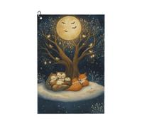 Oudrspo Snowy Night Owl & Fox Sleeping Under Tree Golf Towel 24x16in | Waffle Pattern With Carabiner Clip Portable Microfiber Fabric For Men And Women