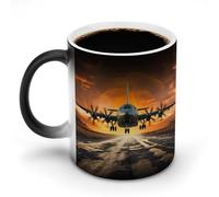 Oudrspo Style Military Plane Landing On Airforce Runways Against Beautiful Dusky Ceramic Coffee Mug 11oz Heat Sensitive Magic Coffee Mug Color Changing Coffee Cup Tea Cup for Women Men
