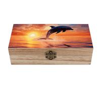 Oudrspo Sunset Dolphin Wooden Keepsake Box Decorative Memory Storage Box with Hinged Lid Small Jewelry Keepsake Boxes for Storing Gift Pictures Letters Time Capsule