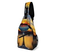 Oudrspo Sunset Wine Glass Sling Bag for Men Women Crossbody Backpack Whisky And Cigar Crossbody Bag Chest Bags for Travel Sport