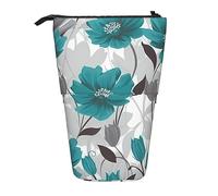 Oudrspo Teal Grey and White Floral Standing Pencil Case, Cute Pen Pouch, Telescopic Stationery Pouch Makeup Cosmetics Bag for Women Office