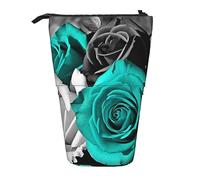 Oudrspo Telescopic Pencil Case Pencil Pouch Stand Up Black White Teal Gray Rose Flowers Print Pencil Holder Pen Pouch Cosmetics Bag with Zipper for Men Women
