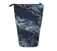 Oudrspo Telescopic Pencil Case Pencil Pouch Stand Up Marble Navy Blue Mixed Print Pencil Holder Pen Pouch Cosmetics Bag with Zipper for Men Women