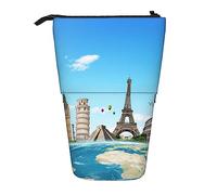 Oudrspo Travel in Different Places Pencil Case Printed Standing Pencil Case Telescopic Pencil Holder Case Cute Stationery Case Office Organizer with Zipper Closure