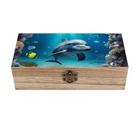 Oudrspo Underwater Dolphin Wooden Keepsake Box Decorative Memory Storage Box with Hinged Lid Small Jewelry Keepsake Boxes for Storing Gift Pictures Letters Time Capsule