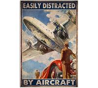 Oudrspo Vintage Airplane Poster Metal Sign Easily Distracted By Aircraft Tin Signs Airplane Lovers Retro Plaque Wall Decor Gift For Home Club Bar Gym Kitchen Office 8x12inch