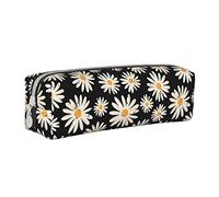 Oudrspo Vintage Daisy Flowers Pencil Pouch Round Pen Case Portable Pencil Bag Leather Organizer with Zipper Cosmetic Pouch Bag