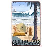 Oudrspo Vintage Shelv Love Dog and She Lived Happily Ever After Love Reading Reading On The Beach Ocean Beach Lover Poster Metal Aluminium Tin Sign 8x12 Inch Wall Decor