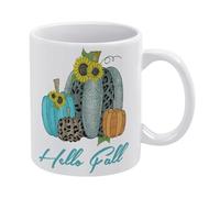 Oudrspo White 3 Fall Hello Autumn Sunflower Leopard Blue Pumpkin Tea Mug,Rustic Autumn Harvest Seasonal Thanksgiving Funny Coffee Mug for Home Farmhouse Thanksgiving Christmas Birthday Decor 11 Oz