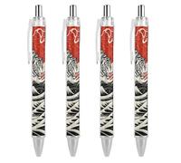 Oudrspo White Tiger, Wave And Sun Ballpoint Pen Retractable Writing Smooth Black Ink Ball Point Pens Office Supplies 4 PCS