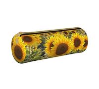 Oudrspo Yellow Sunflower Floral Printed Leather Zipper Pencil Pouch, Portable Stationery Bag, Organizer Stationery Case, Unisex