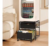 OUDUCK Mini Fridge Stand with Storage Drawer, 21.7”x21.7” Heavy Duty Mini Fridge Table with Wheels, Rolling Beverage Cart with Basket for Home, Office, Bedroom