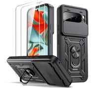 Oududianzi - Case for Google Pixel 9 Pro XL Mobile Phone Case, [Pack of 2 Screen Protector] with Sliding Camera Cover, Rotating Finger Ring Stand, Shockproof Scratch-Resistant Protective Case - Black