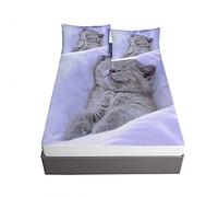 Ouduo 3D Cat Fitted Sheets & Pillowcases Set Microfibre Bedding Sheets with Deep Pocket 30cm for Double King Single Size Bed - Shrinkage Fade Resistant (grey,150x200x30cm)