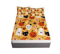 Ouduo Halloween Fitted Sheets & Pillowcases Set Microfibre Bedding Sheets with Deep Pocket 30cm for Double King Single Size Bed - Shrinkage Fade Resistant (Cute pumpkin,140x200x30cm)