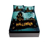 Ouduo Halloween Fitted Sheets & Pillowcases Set Microfibre Bedding Sheets with Deep Pocket 30cm for Double King Single Size Bed - Shrinkage Fade Resistant (Horror castle,90x200x30cm)