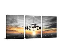 Ouelegent Airplane Canvas Wall Art Decor Aircraft Flying over Runway Along With Sunset Prints Modern Gray and White Painting Pictures for Home Office Airport Framed Ready to Hang 12"x16"x3 Panels