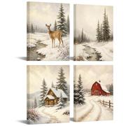 OuElegent Winter Landscape Wall Art Snowy Forest Deer Cabin Red Barn Canvas Prints Rustic Farmhouse Winter Wall Decor Cozy Cabin Nature Artwork for Living Room Bedroom Office 12''x16''x4 pcs