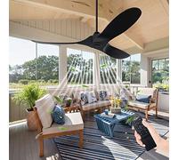 OUENGK 60 Inch Solid Wood Ceiling Fan with Remote, Modern Outdoor Ceiling Fan without Light, Quiet Damp-Rated Propeller Ceiling Fans No Light, 6 Speeds Timer Reversible, for Patio(black 60 inch)