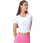 OUFANKADI Women's Y2K White Crew Neck Crop T Shirt, Short Sleeve Soft Stretch Slim Fit Basic Cropped Tops, Summer Going Out Casual Tshirt for Ladies UK (M)