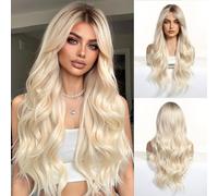 OUFEI Blonde Wigs for Women Long Curly Wig With Curtain Bangs Wavy wig with Dark Roots Natural Synthetic Hair for Daily Party Cosplay Wear