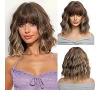 OUFEI Brown Mixed Blonde Wigs for Women Short Wavy Wig With Bangs Natural Synthetic Hair Heat Resistant Wigs for Daily Party Cosplay Wear