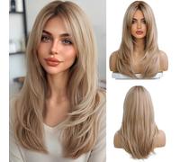 OUFEI Long Straight Blonde Wigs for Women Layered Synthetic Hair Ombre Wig with Dark Roots for Daily Party Cosplay Wear